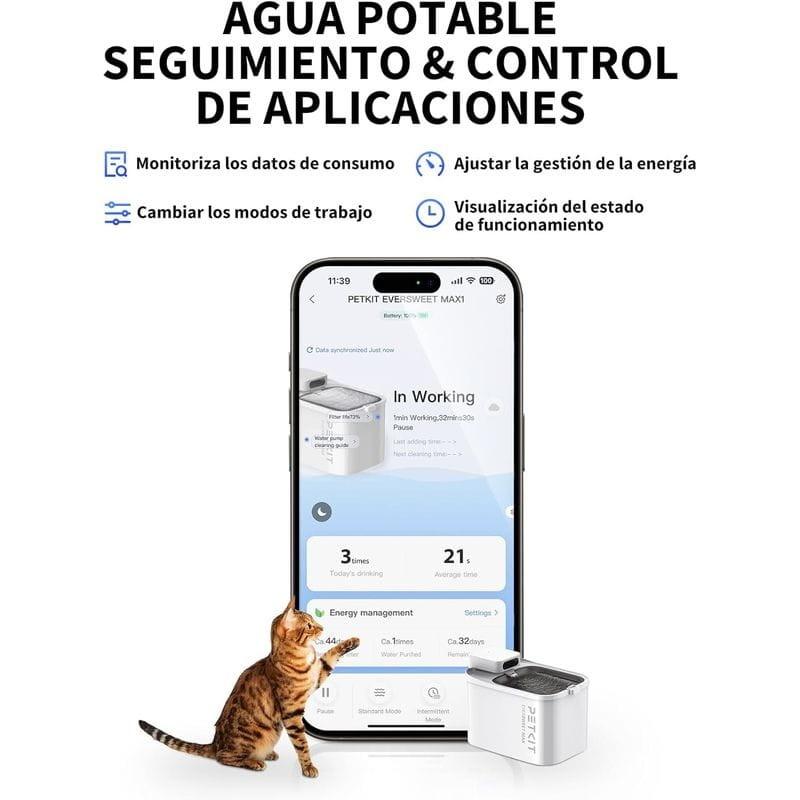 Control de Fuente de Agua Inteligente Para Mascotas 3L - PETKIT Eversweet MAX  - Portable con Batería - Sensor de Movimiento - Control por APP
