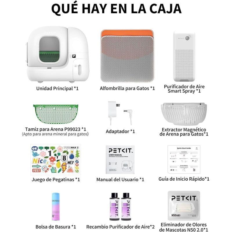 Contenido de Arenero Automático PETKIT Pura Max 2 - Con tecnología xSecure e incluye kit de eliminación de olores - Control APP - Capacidad extragrande