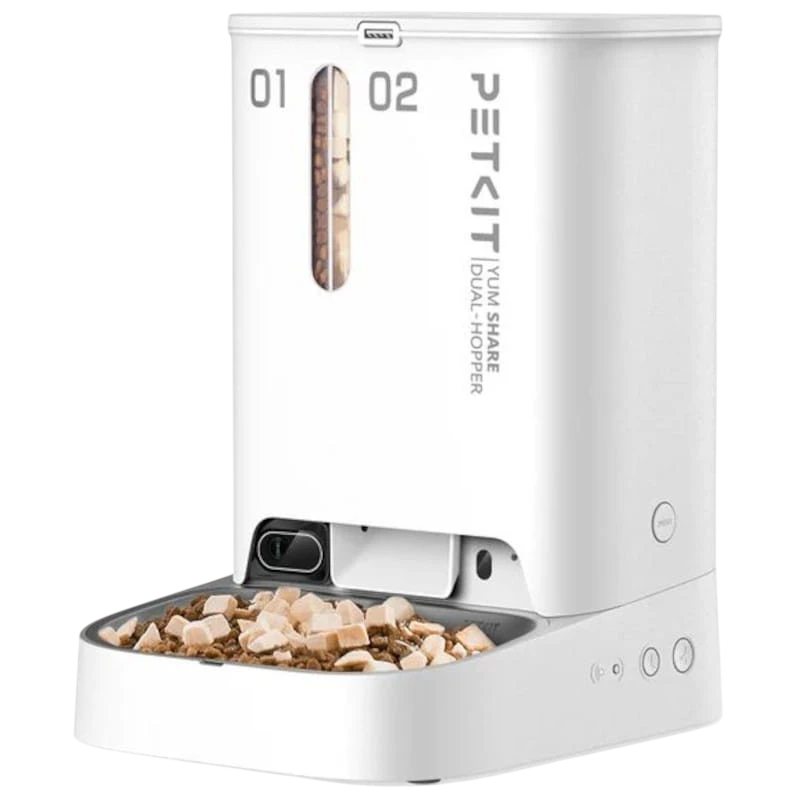 PETKIT Yumshare Dual-Hooper Blanco - Comedero Inteligente Para Mascotas Con Cámara y Micrófono - Función con IA, Audio Bidireccional - Programable con APP - Acero Inoxidable Ideal para Perros y Gatos