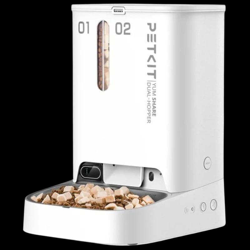 PETKIT Yumshare Dual-Hooper Blanco - Comedero Inteligente Para Mascotas Con Cámara y Micrófono - Función con IA, Audio Bidireccional - Programable con APP - Acero Inoxidable Ideal para Perros y Gatos