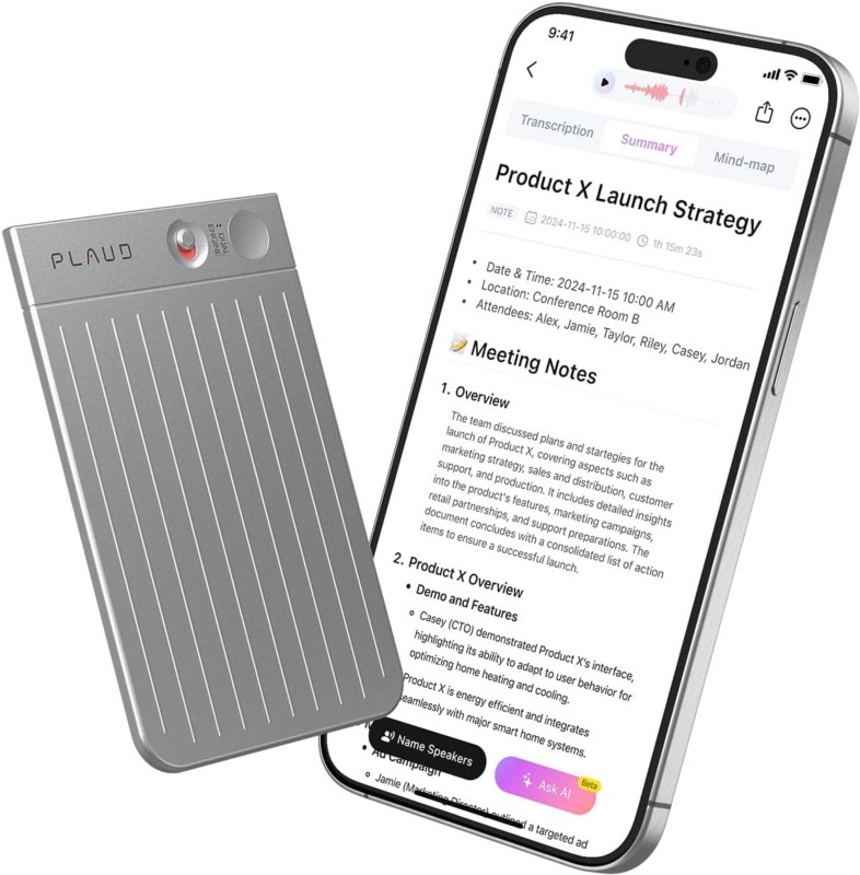 Enregistreur vocal Plaud Note AI Silver avec technologie OpenAI Whisper STT et GPT-4o