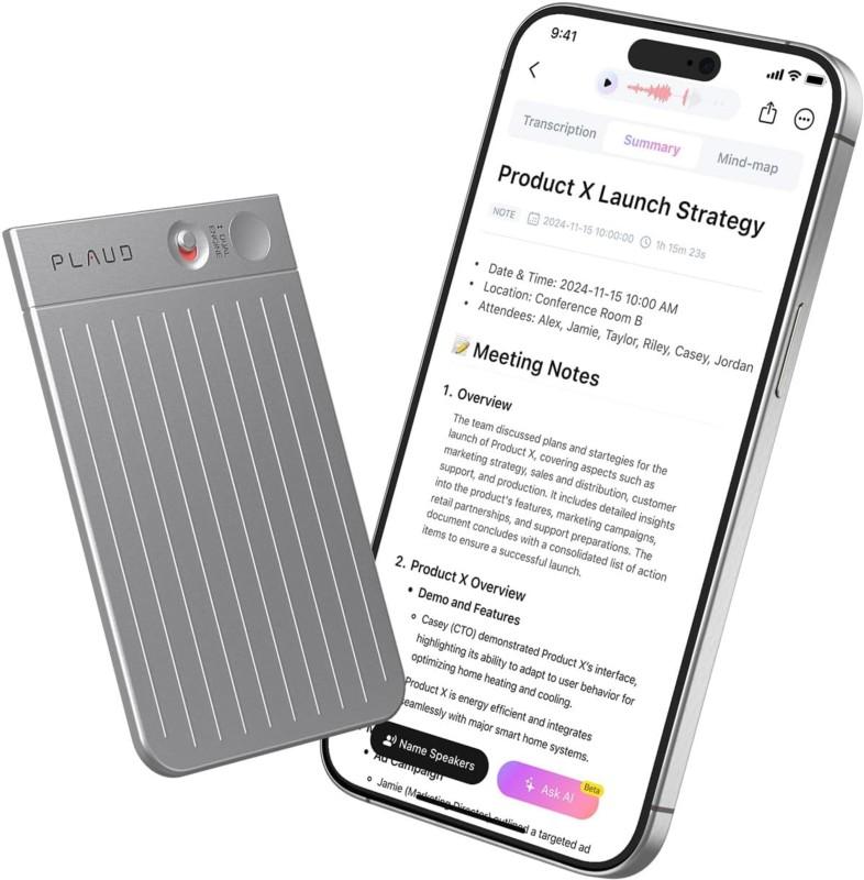 Enregistreur vocal Plaud Note AI Silver avec technologie OpenAI Whisper STT et GPT-4o