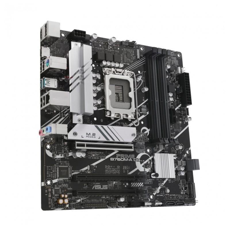 ASUS PRIME B760M-A D4-CSM Ethernet 2.5Gbps LGA 1700 micro ATX – Placa Base vista de perfil inclinada