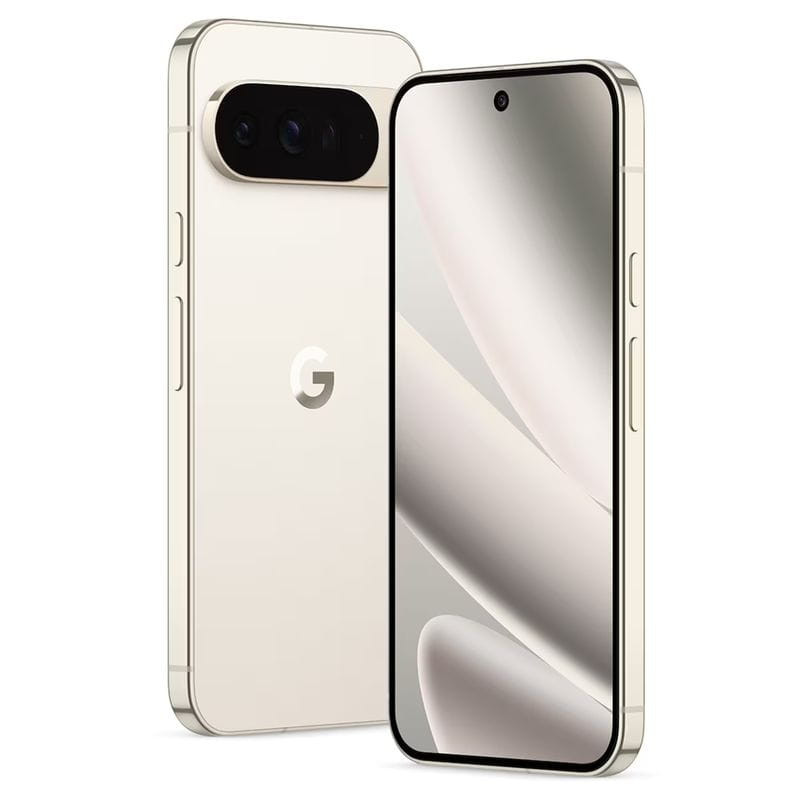 Smartphone porcelana con pantalla perforada, bordes planos dorados, triple cámara trasera horizontal y logotipo G. Modelo: Pixel 10 Pro XL 16/256, renovado.
