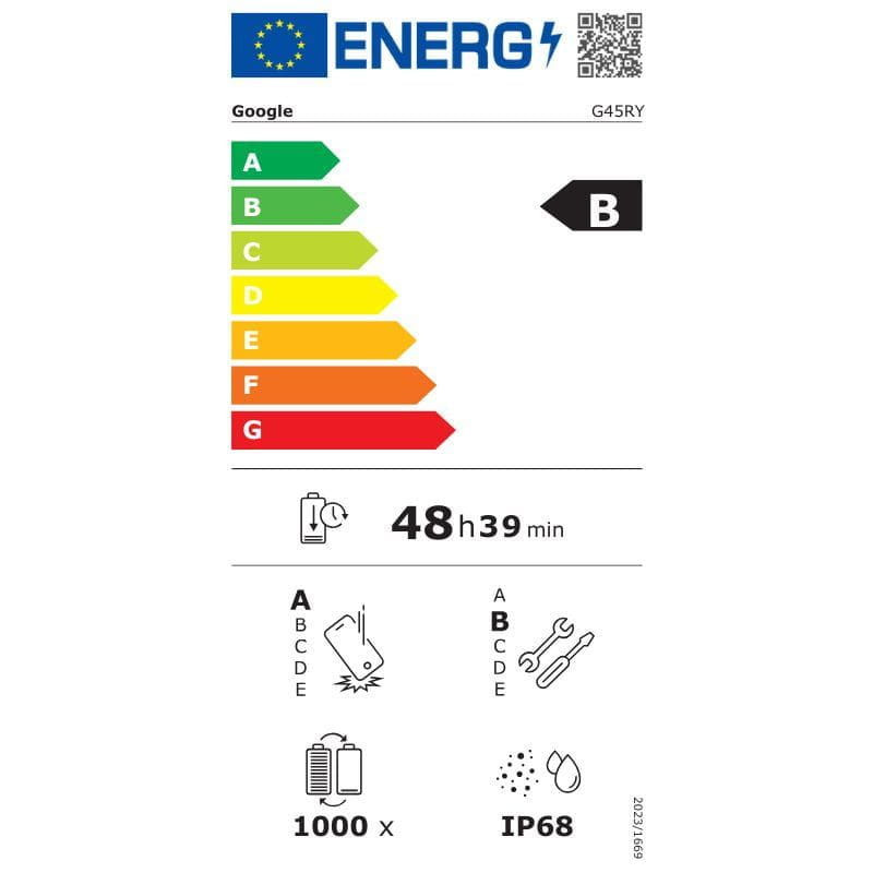 Etiqueta energética UE del Google Pixel 10 Pro XL renovado: clase B, autonomía 48 h 39 min, resistencia IP68, 1000 ciclos de batería, iconos de lavado y