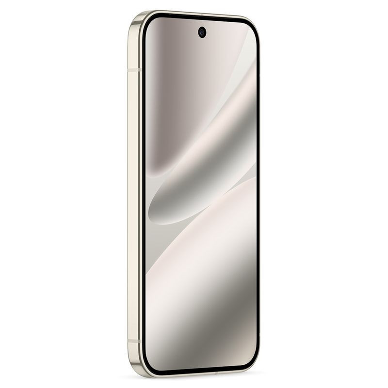 Smartphone Google Pixel 10 Pro porcelana renovado: doble vidrio, pantalla borde a borde con cámara centrada, módulo trasero triple y logo G plateado