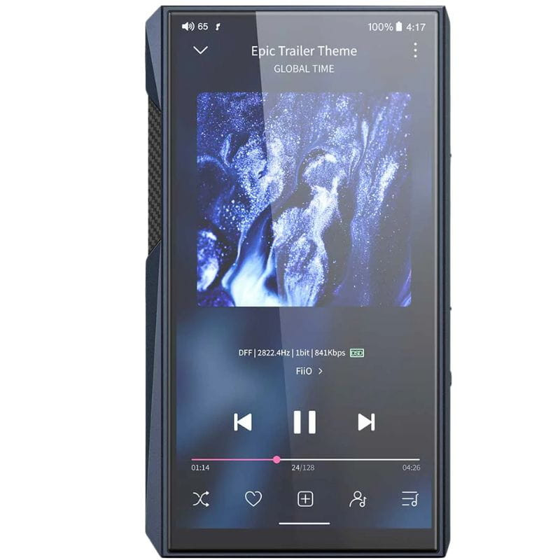 FiiO M23 Azul Reproductor Hi-Res con pantalla táctil, carcasa azul angulada, controles laterales y reproducción de alta resolución mostrada en la interfaz