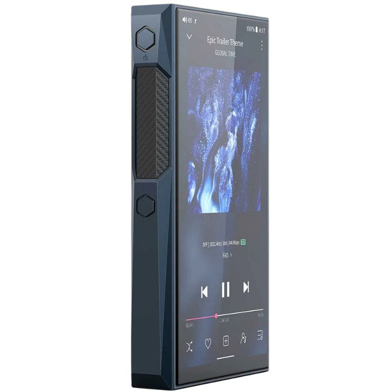 FiiO M23 Azul Reproductor Hi-Res con pantalla táctil, cuerpo metálico azul, borde biselado y rueda lateral texturizada; diseño angular premium