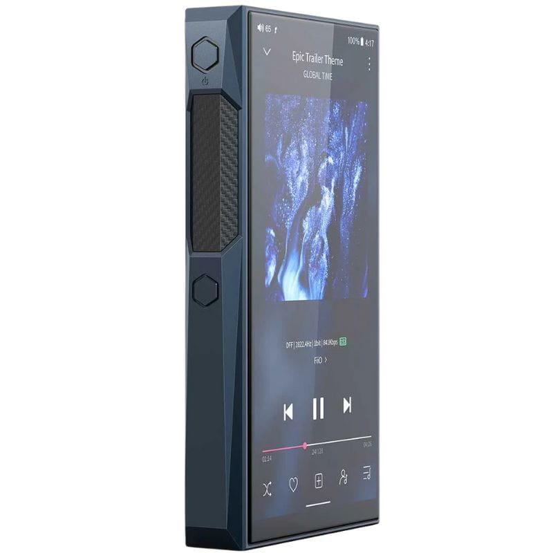 FiiO M23 Azul Reproductor Hi-Res con pantalla táctil, cuerpo metálico azul, borde biselado y rueda lateral texturizada; diseño angular premium
