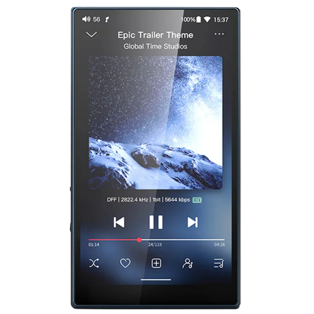 FiiO M21 reproductor Hi‑Res portátil en color Dark Blue con pantalla táctil grande, cuerpo elegante y salida balanceada 4.4 mm en el borde superior