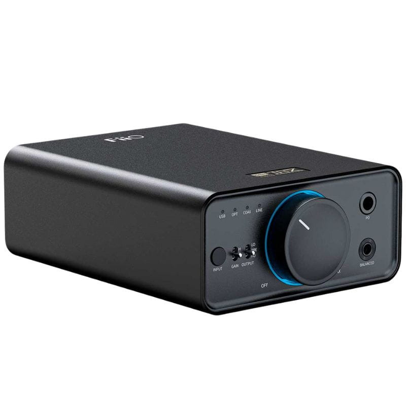 FiiO K7 Negro - Amplificador/DAC compacto con chasis metálico, gran perilla iluminada en azul, entradas frontales para audífonos y controles de ganancia