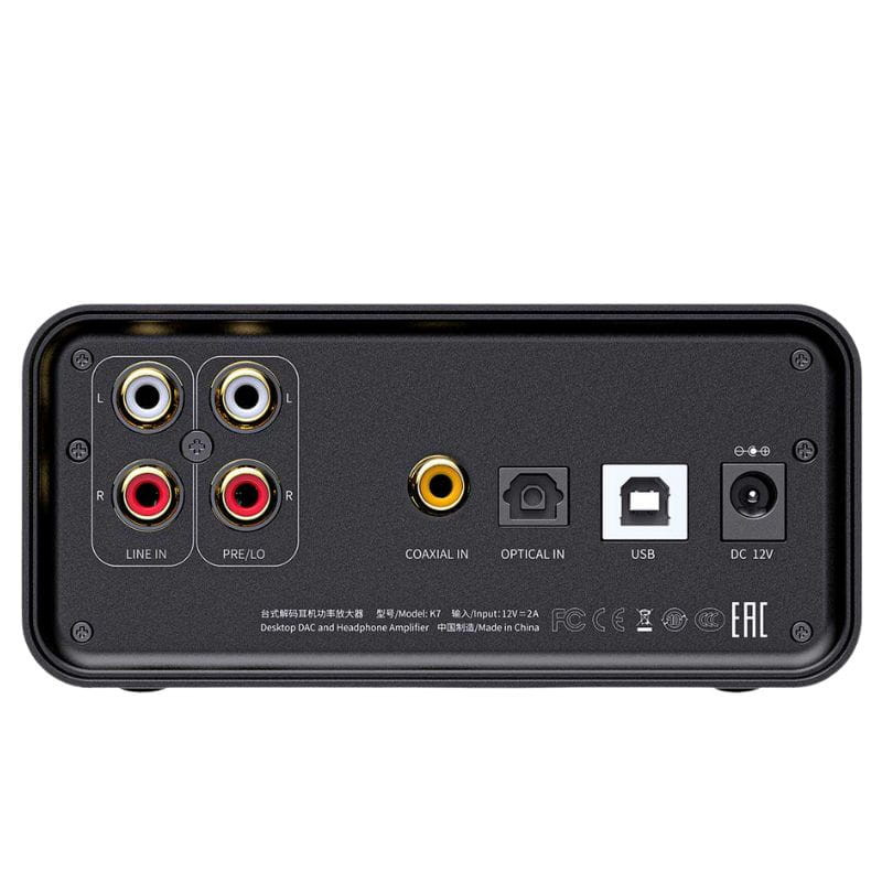 FiiO K7 Negro - Amplificador/DAC con entradas RCA line in y pre out, coaxial, óptica, USB y puerto DC 12V. Panel trasero con conectores claramente etiquetados.