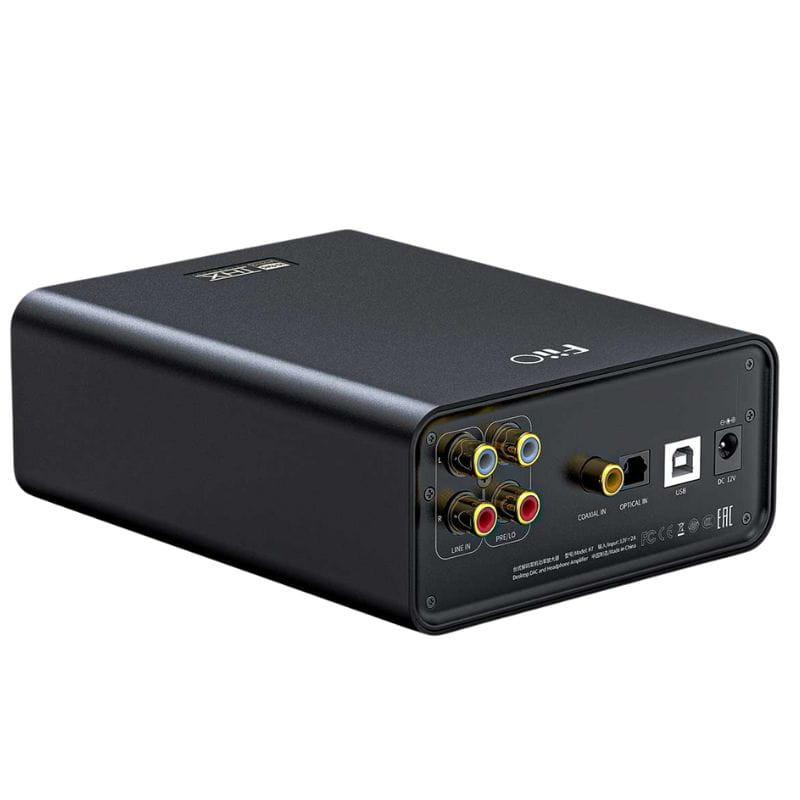 FiiO K7 Negro - Amplificador/DAC compacto con chasis metálico, puertos RCA dorados, USB-B, óptico, coaxial y entrada de alimentación en el panel trasero
