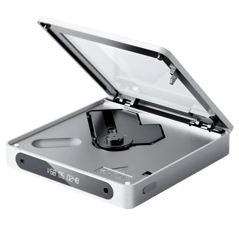 FiiO DM13 BT Transparente con tapa abatible, bandeja de CD visible y pantalla frontal; diseño minimalista, Bluetooth aptX HD y acabado blanco brillante