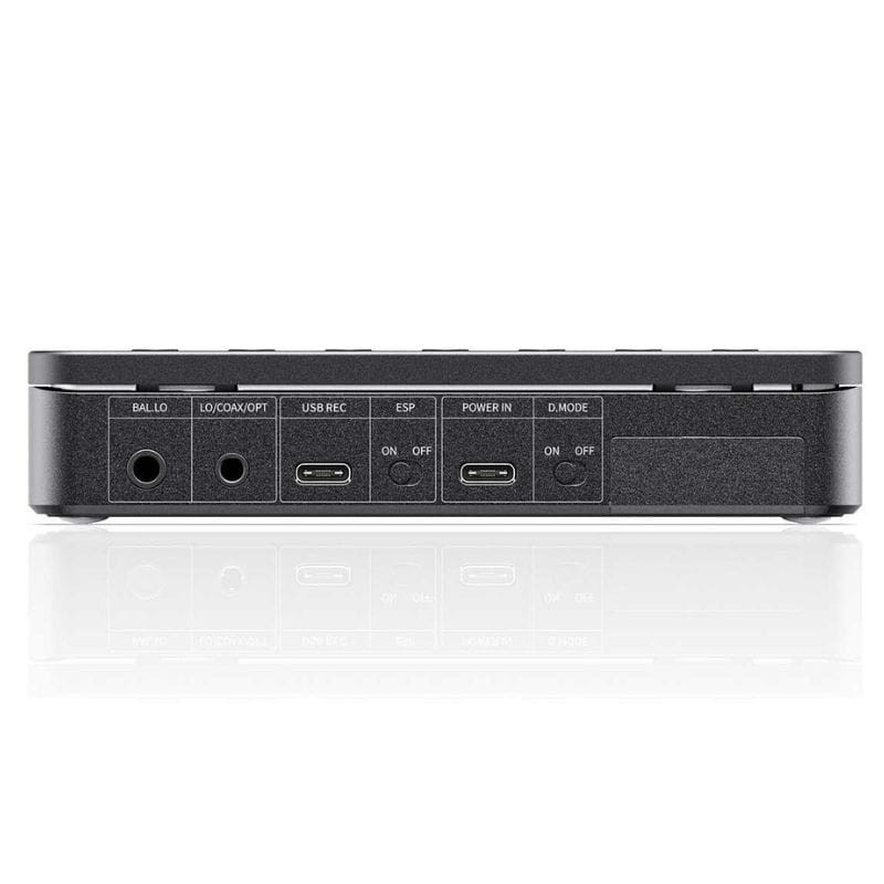 FiiO DM13 BT Transparente con panel trasero: salidas BAL/LO, coaxial óptica, USB-C dual, interruptores ESP y D-Mode, entrada Power In y diseño metálico