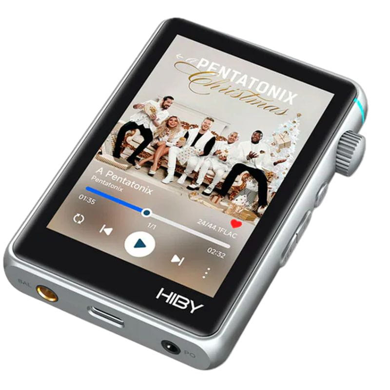 Hiby R3 II 2025 Plata: reproductor Hi‑Res compacto en aluminio plateado, pantalla táctil a color, rueda de volumen lateral y puertos balanceado/auriculares.