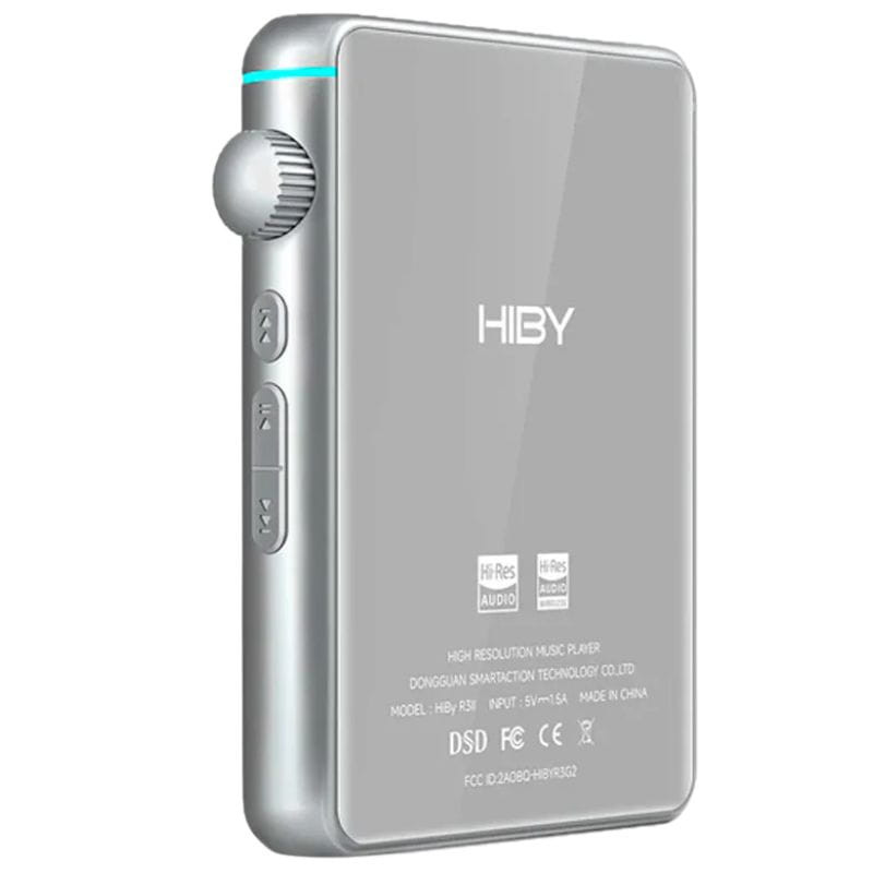 Hiby R3 II 2025 Plata: reproductor Hi‑Res compacto en aluminio plateado, rueda lateral de volumen, botones físicos, bordes redondeados y logotipos