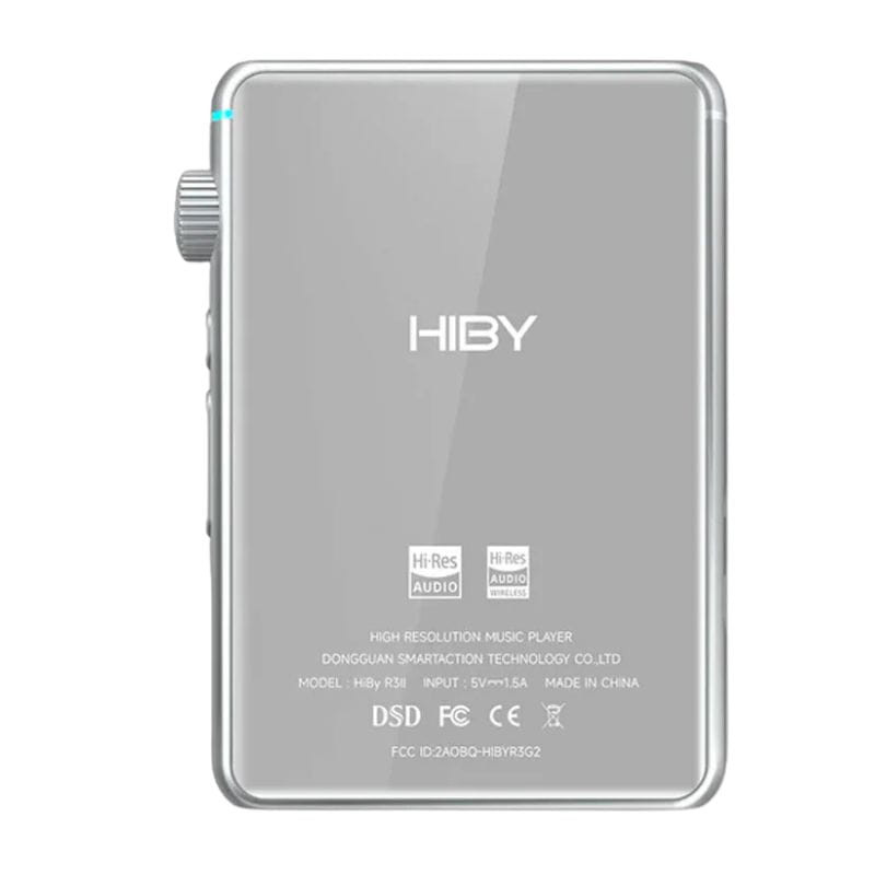Hiby R3 II 2025 Plata: reproductor Hi-Res compacto en aluminio plateado, bordes redondeados, rueda lateral de volumen y logotipos Hi-Res y DSD en la trasera.