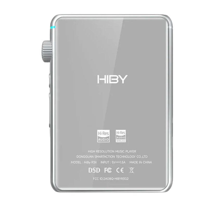 Hiby R3 II 2025 Plata: reproductor Hi-Res compacto en aluminio plateado, bordes redondeados, rueda lateral de volumen y logotipos Hi-Res y DSD en la trasera.