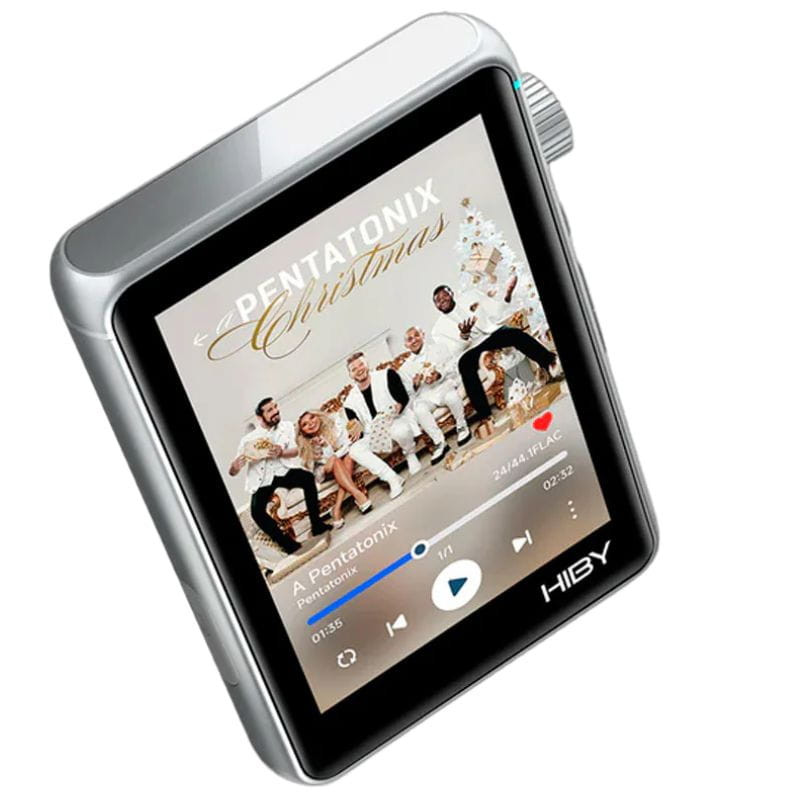 Hiby R3 Pro II Plata Reproductor Hi-Res con carcasa plateada, pantalla táctil a color inclinada y rueda lateral texturizada; interfaz de música en