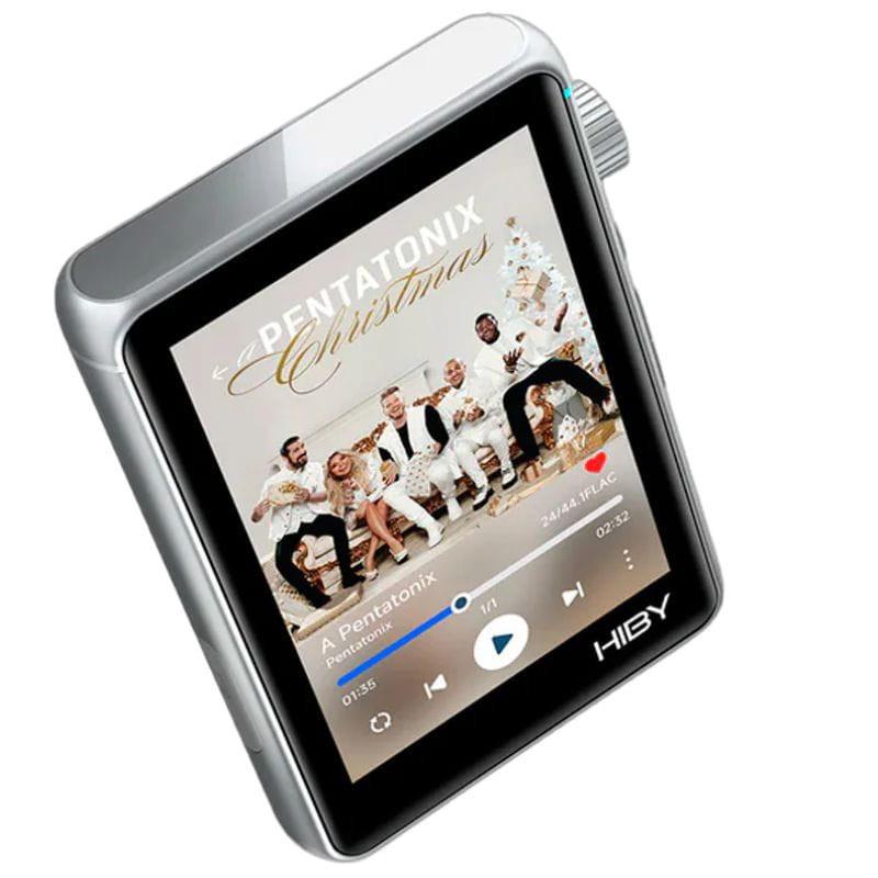Hiby R3 Pro II Plata Reproductor Hi-Res con carcasa plateada, pantalla táctil a color inclinada y rueda lateral texturizada; interfaz de música en