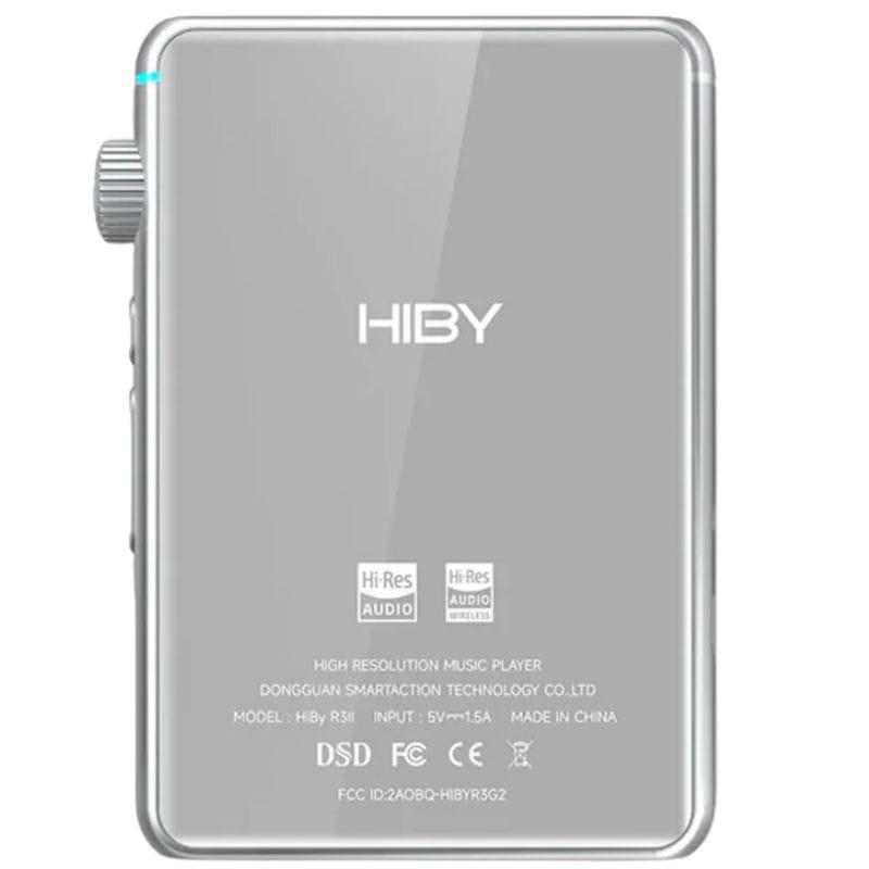 Hiby R3 Pro II Plata, reproductor Hi‑Res compacto en aluminio plateado, perilla lateral texturizada y logotipos Hi‑Res Audio y Wireless en la parte trasera