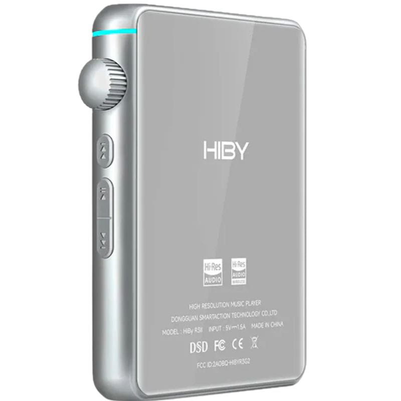 Hiby R3 Pro II Plata: reproductor Hi-Res compacto con carcasa plateada, pantalla frontal brillante, rueda lateral texturizada y botones de control físicos