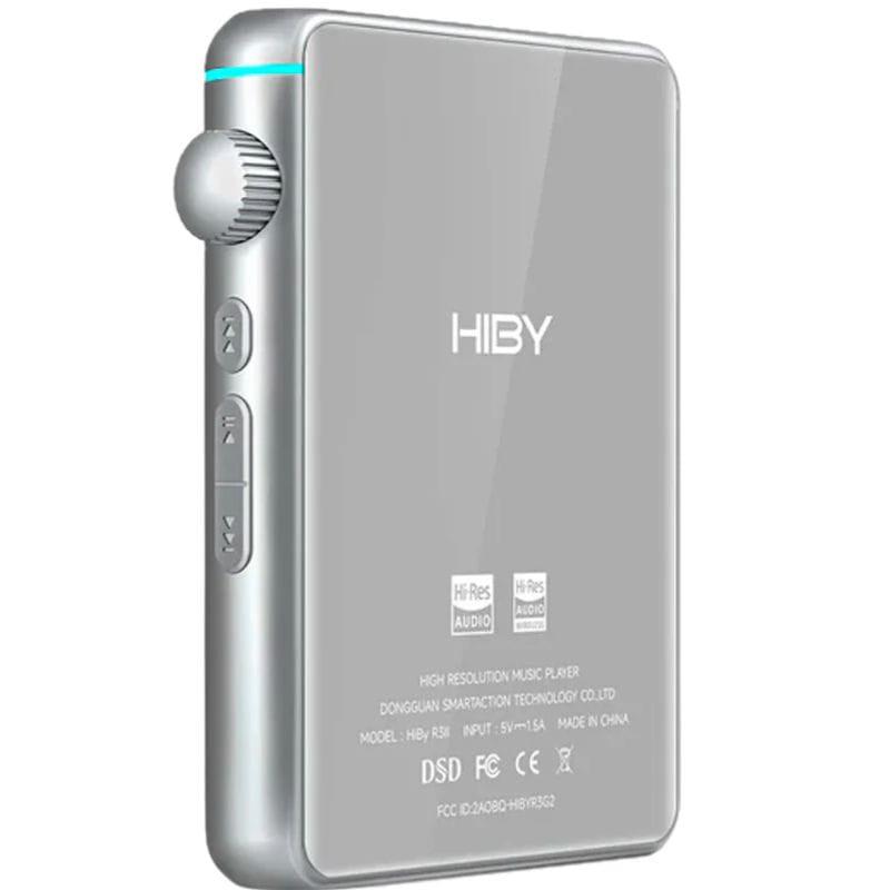 Hiby R3 Pro II Plata: reproductor Hi-Res compacto con carcasa plateada, pantalla frontal brillante, rueda lateral texturizada y botones de control físicos