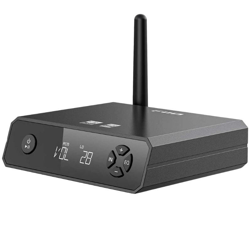FiiO BR13 - Receptor Bluetooth compacto con antena externa, carcasa metálica, puertos RCA, óptico, coaxial y USB-C en panel trasero