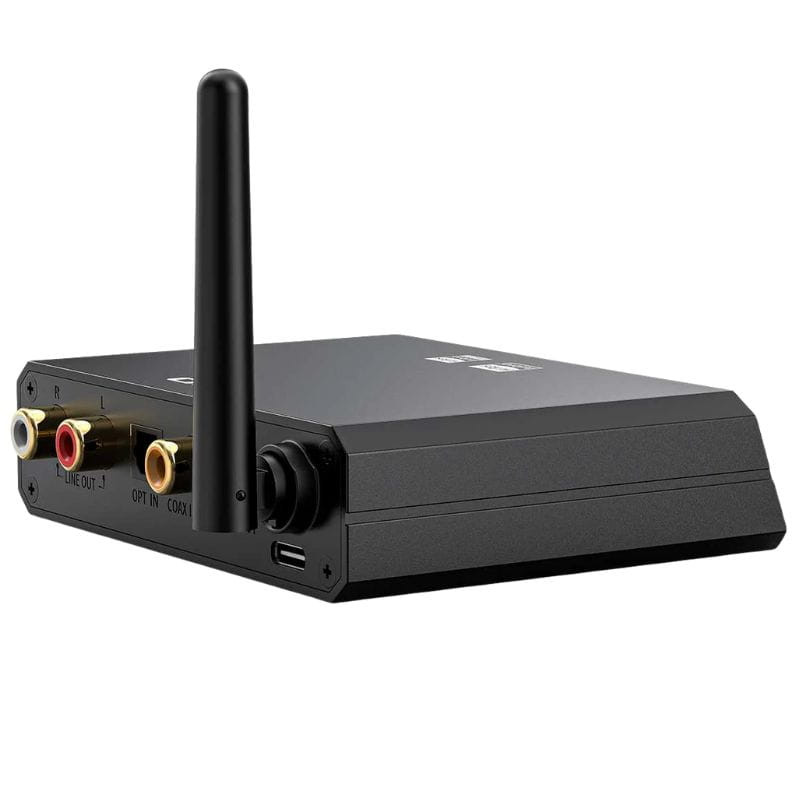 FiiO BR13 - Receptor Bluetooth con antena, salidas RCA L/R, óptica y coaxial, además de puertos ópticos IN/OUT en panel trasero compacto.