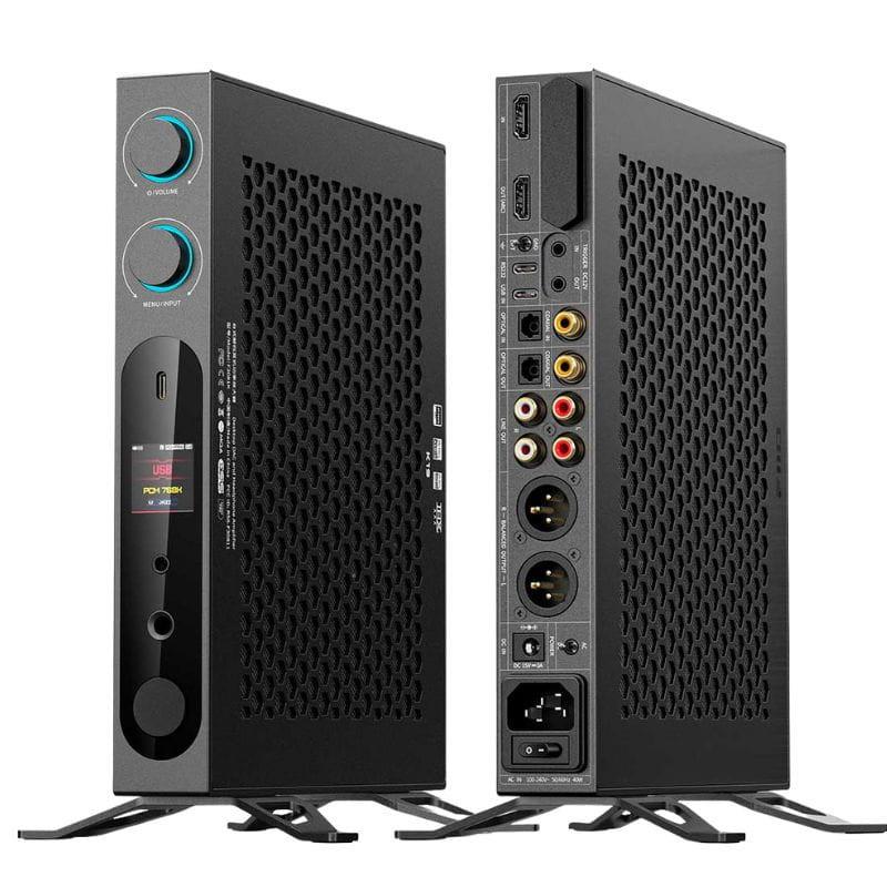 FiiO K19 Negro DAC/amp de escritorio vertical con chasis metálico perforado, perillas azules, pantalla a color y amplia conectividad trasera XLR, RCA, USB,