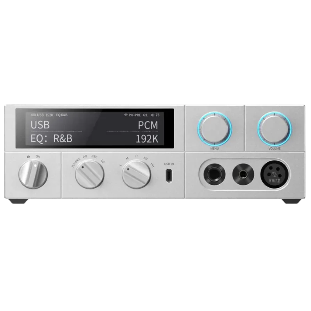 FiiO K15 Plata Amplificador DAC de escritorio con chasis plateado, múltiples entradas ópticas y USB, salidas XLR y RCA, ventilación lateral y puerto IEC de