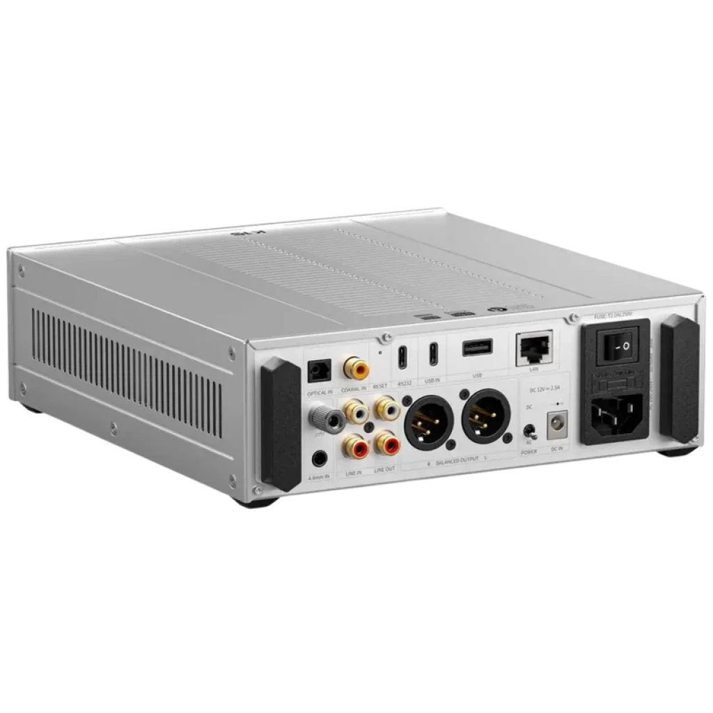 FiiO K15 Plata Amplificador/DAC de escritorio con chasis metálico, múltiples entradas óptica, coaxial, USB y RCA, salidas XLR balanceadas y control de