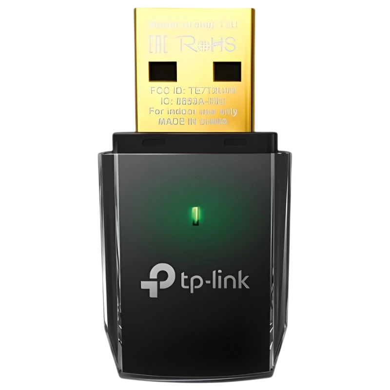 TP-Link Archer T2U - Adaptador USB Wi-Fi 5 AC600 con carcasa negra, conector USB dorado y LED verde indicador; diseño compacto tipo nano