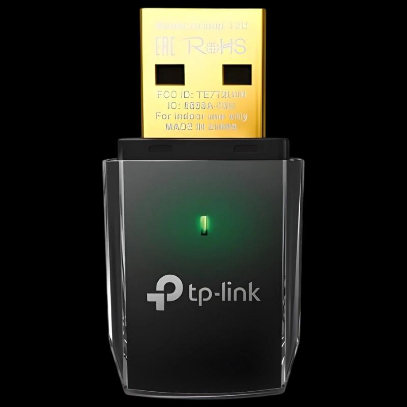 TP-Link Archer T2U - Adaptador USB Wi-Fi 5 AC600 con carcasa negra, conector USB dorado y LED verde indicador; diseño compacto tipo nano