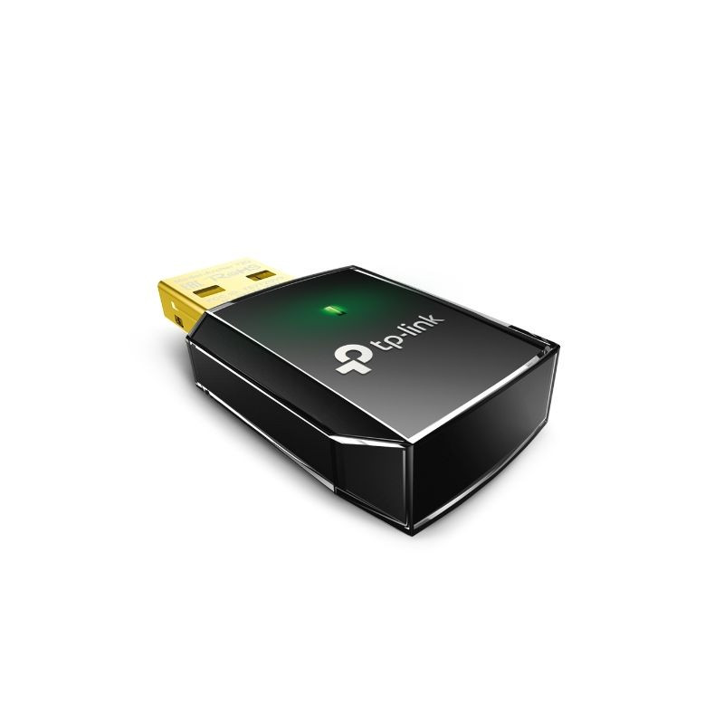 Adaptador USB Wi‑Fi TP‑Link Archer T2U AC600 compacto, con conector USB dorado, acabado negro brillante y luz LED verde indicadora de estado