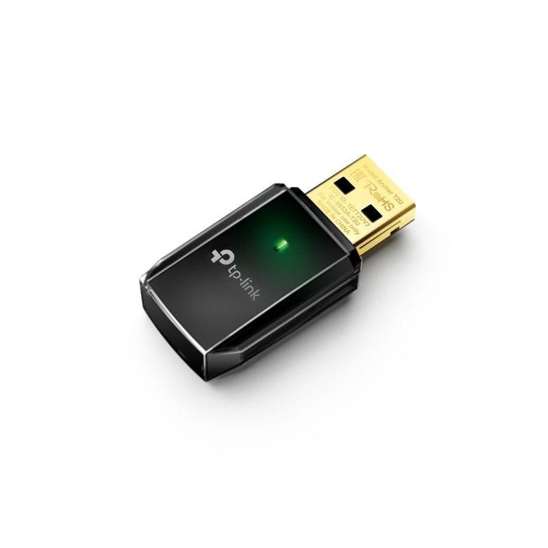 TP-Link Archer T2U Adaptador USB Wi‑Fi 5 AC600 compacto, conector USB dorado y luz LED verde en carcasa negra brillante, diseño elegante y portátil