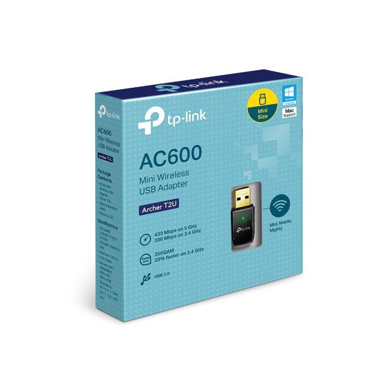 Caja de TP-Link Archer T2U AC600, adaptador USB Wi‑Fi 5 mini. Muestra 433 Mbps en 5 GHz, 200 Mbps en 2.4 GHz, antena interna y compatibilidad Windows/Mac