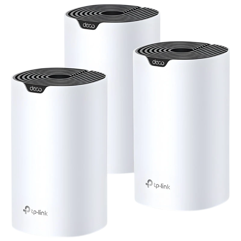 TP-Link Deco S4 Pacote de 3 Wi-Fi Dual AC1200 Sistema Mesh com três unidades cilíndricas brancas, topo preto ventilado e logo TP-Link frontal