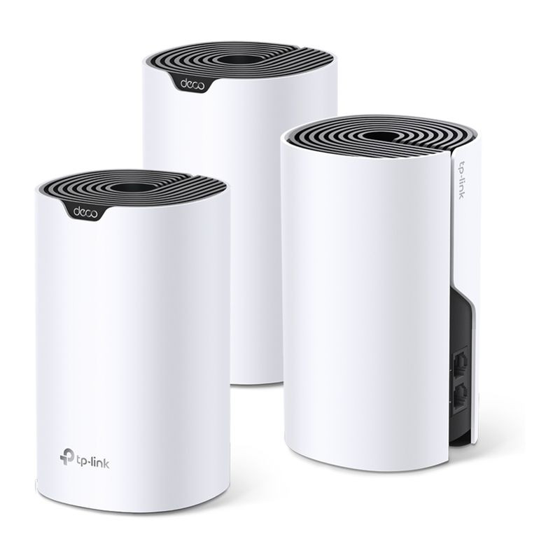 TP-Link Deco S4 Pack de 3 Wi-Fi Dual AC1200 – tres nodos mesh blancos cilíndricos con ventilación superior negra y puertos Ethernet traseros