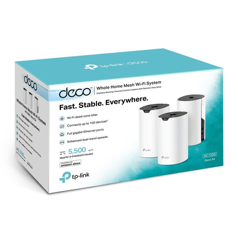 Caja del TP-Link Deco S4 Pack de 3 Wi‑Fi Dual AC1200 en color blanco, tres nodos cilíndricos con logo TP-Link, puertos Ethernet y compatibilidad Alexa