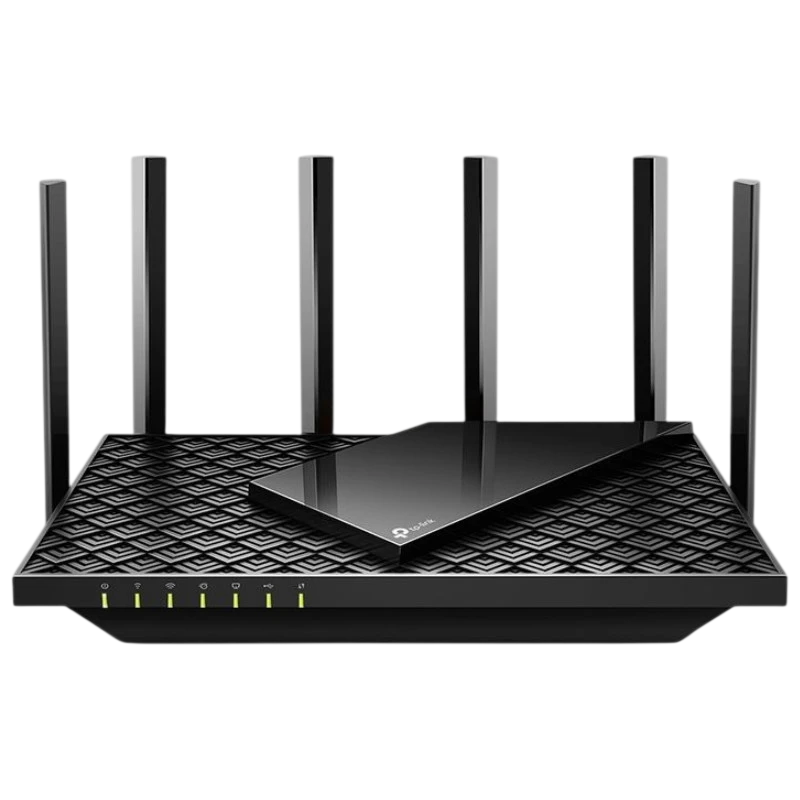TP-Link Archer AX73 Gigabit Ethernet - Router WiFi 6 AI negro, diseño geométrico, seis antenas altas, LEDs frontales de estado, acabado brillante en la tapa