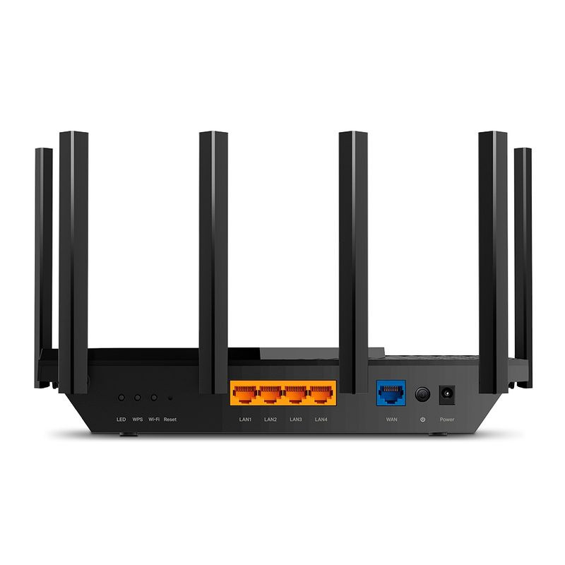 TP-Link Archer AX73 Gigabit Ethernet - Router WiFi 6 AI con 6 antenas altas, 4 puertos LAN naranja, 1 puerto WAN azul, botones LED WPS WiFi y Reset, entrada de