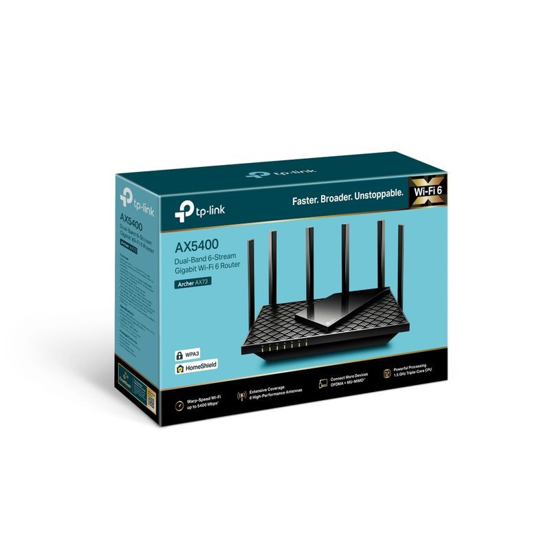 TP-Link Archer AX73 Gigabit Ethernet - Router WiFi 6 AI en caja azul con imagen del equipo negro, 6 antenas externas, AX5400, doble banda y logos WPA3 y