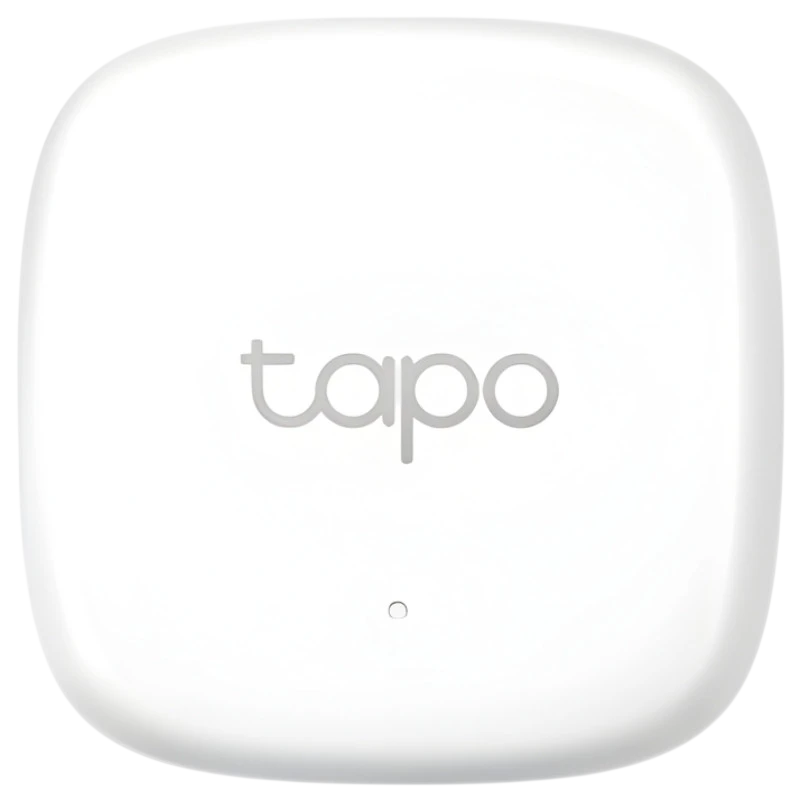 Sensor TP-Link Tapo T310 blanco, compacto y minimalista, con logotipo tapo al centro y pequeño LED indicador frontal para monitoreo de temperatura y humedad