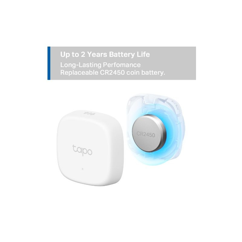 Sensor TP-Link Tapo T310 blanco, compacto con logo tapo. Incluye pila CR2450 reemplazable y destaca hasta 2 años de batería. Ideal para temperatura y humedad.