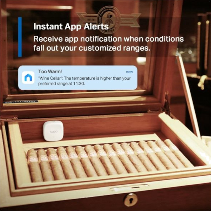 TP-Link Tapo T310: sensor blanco compacto con logo tapo, montado en humidor de puros; muestra alerta móvil cuando sube la temperatura en la bodega.