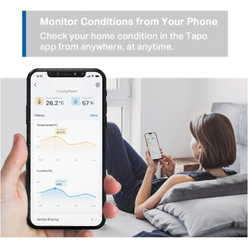 TP-Link Tapo T310 sensor blanco compacto; monitoriza temperatura 26.2 °C y humedad 57 % en app móvil, gráficos de historial y control remoto en casa