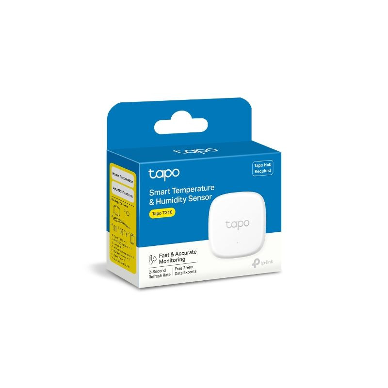 TP-Link Tapo T310, sensor blanco compacto con logo tapo, incluye caja azul. Indicadores de monitoreo rápido y preciso de temperatura y humedad.