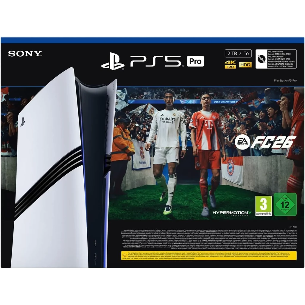 Console PS5 Pro Digital blanche 2 To, façade courbe bicolore noir et blanc, logo PS5 Pro visible, pack avec jaquette EA FC 26 mettant en scène deux